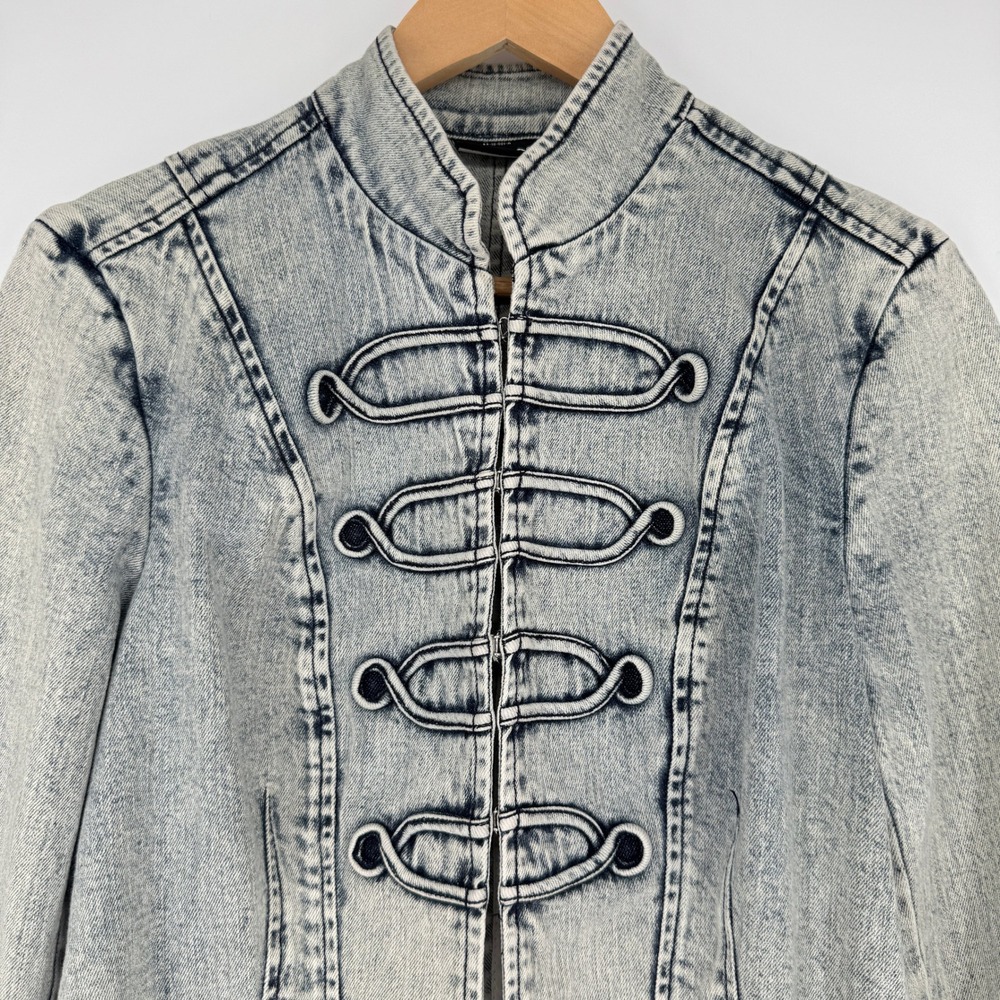 Allen B Acid Wash Military Denim Jacket L Frog Closure Y2K Steampunk Victorian - Picture 2 of 13